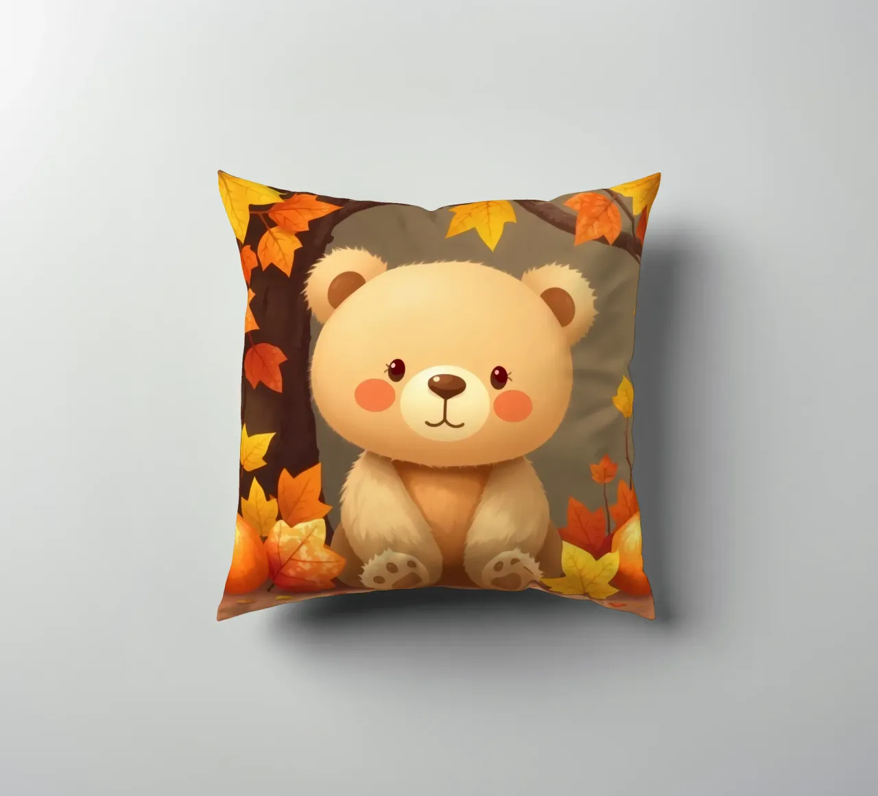 Un simpatico orso siede tra foglie e zucche colorate d'autunno cuscino da DesignDoodle