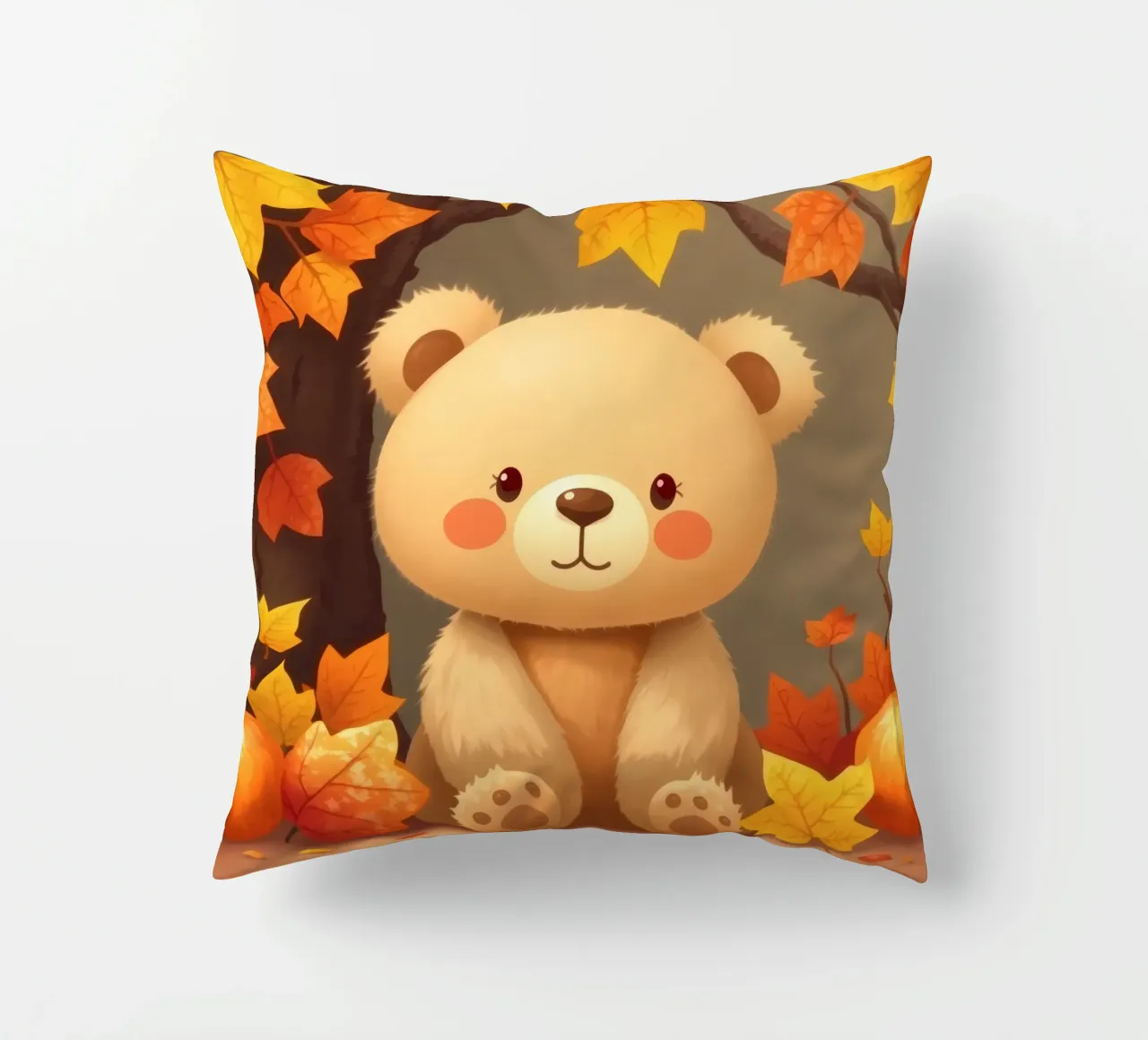 Un simpatico orso siede tra foglie e zucche colorate d'autunno cuscino da DesignDoodle