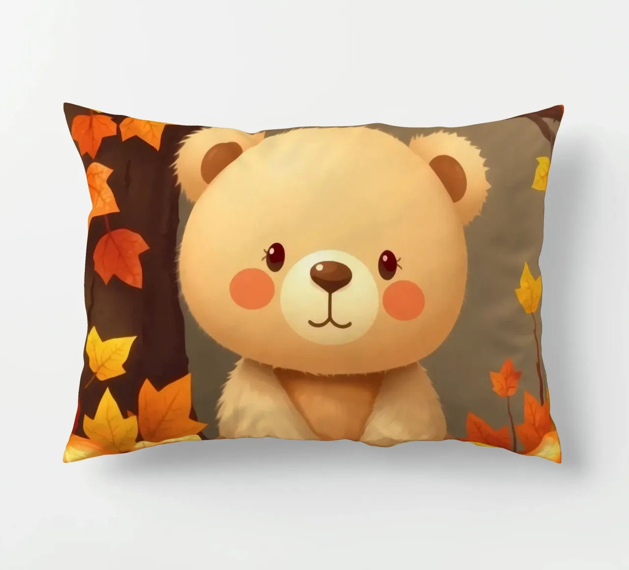 Un simpatico orso siede tra foglie e zucche colorate d'autunno cuscino da DesignDoodle