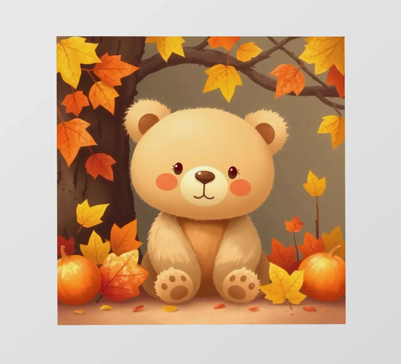 Un simpatico orso siede tra foglie e zucche colorate d'autunno pellicola backlit da DesignDoodle