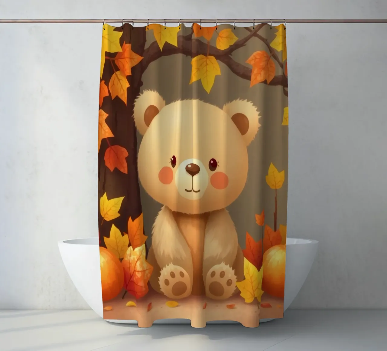 Un simpatico orso siede tra foglie e zucche colorate d'autunno tenda da doccia da DesignDoodle