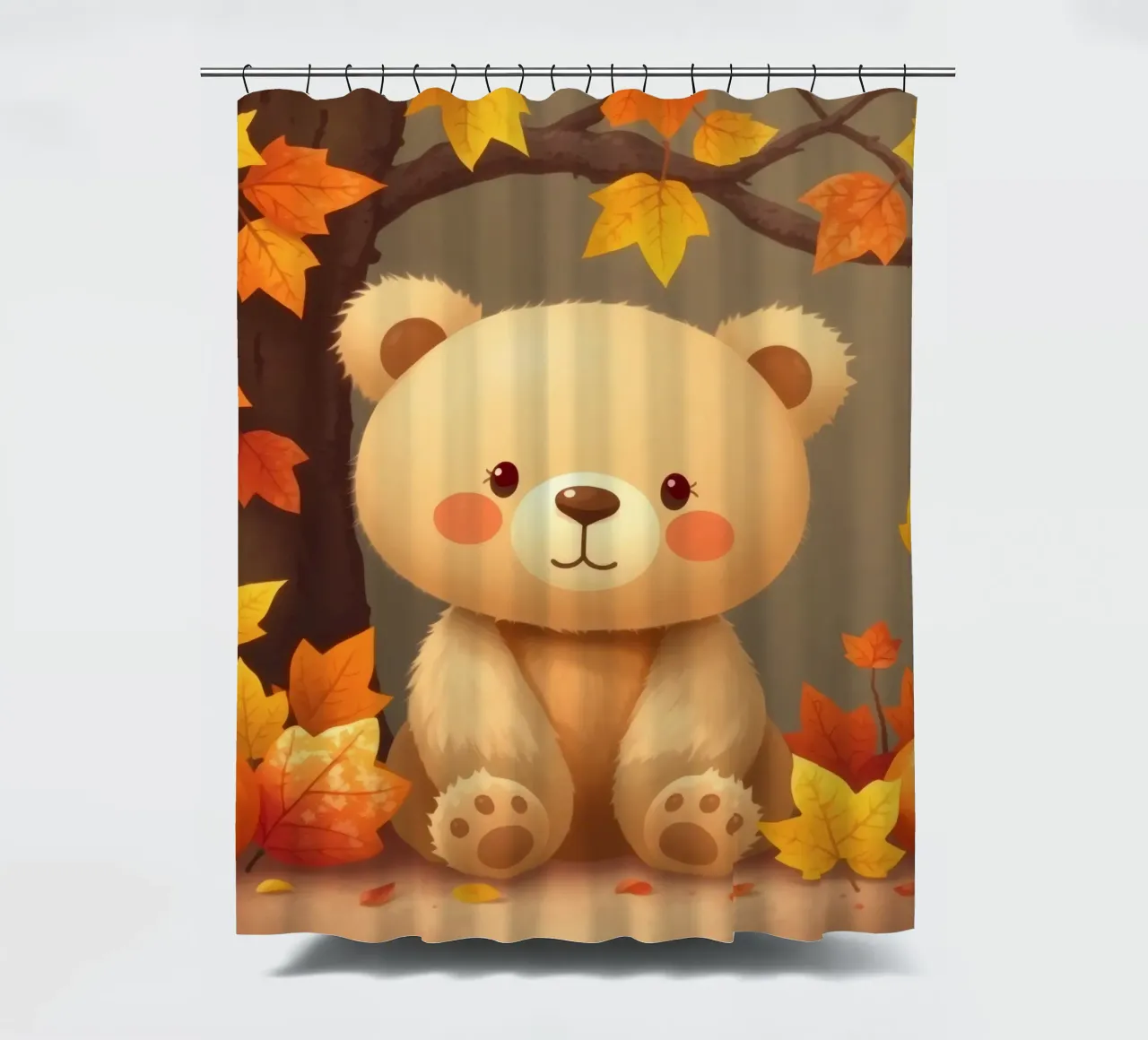Un simpatico orso siede tra foglie e zucche colorate d'autunno tenda da doccia da DesignDoodle
