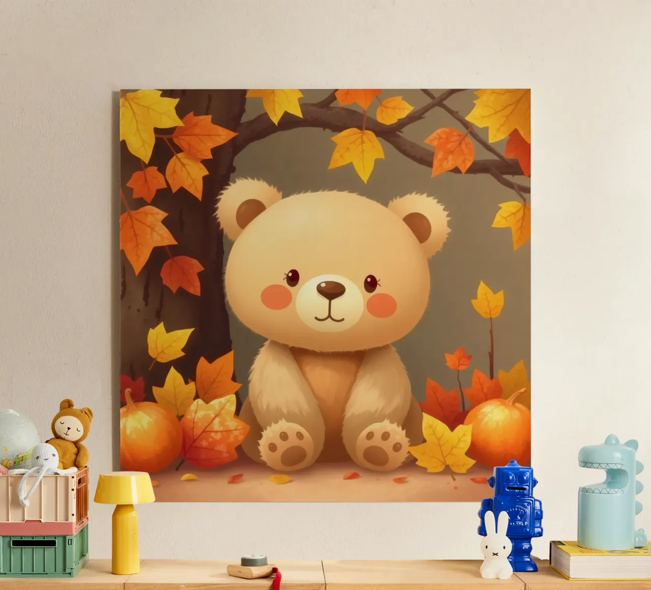 Un simpatico orso siede tra foglie e zucche colorate d'autunno plexiglass da DesignDoodle