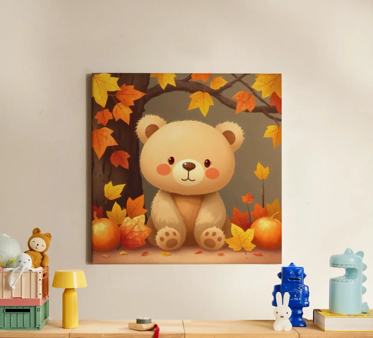Un simpatico orso siede tra foglie e zucche colorate d'autunno tela da DesignDoodle