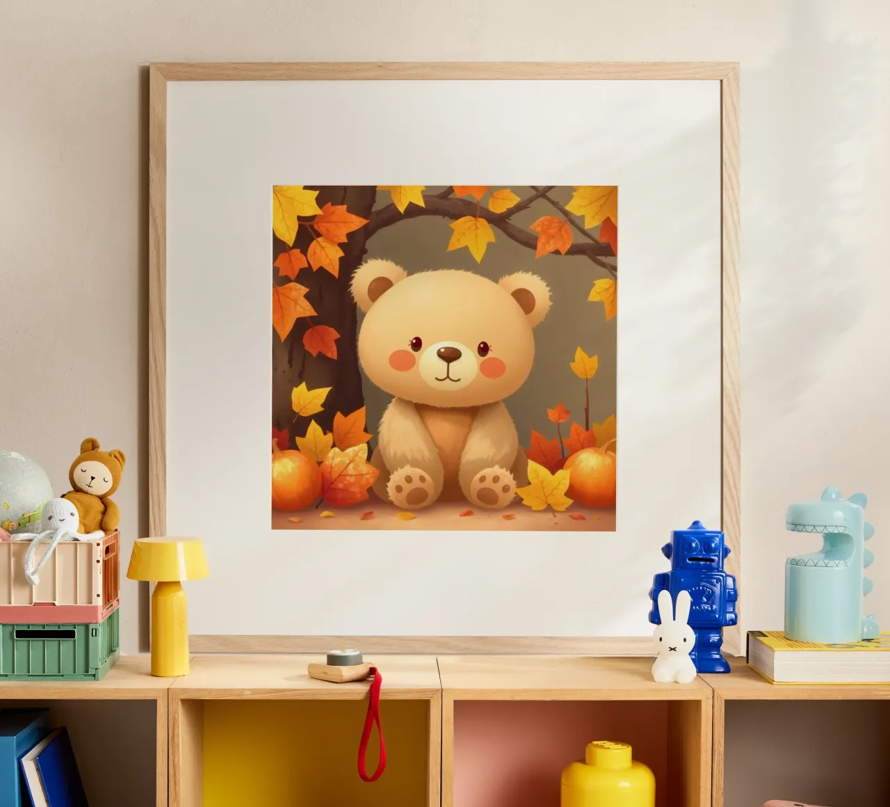 Un simpatico orso siede tra foglie e zucche colorate d'autunno carta hahnemühle da DesignDoodle