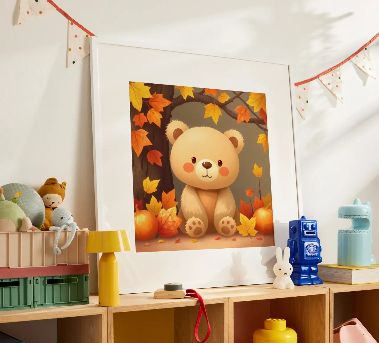 Un simpatico orso siede tra foglie e zucche colorate d'autunno carta hahnemühle da DesignDoodle
