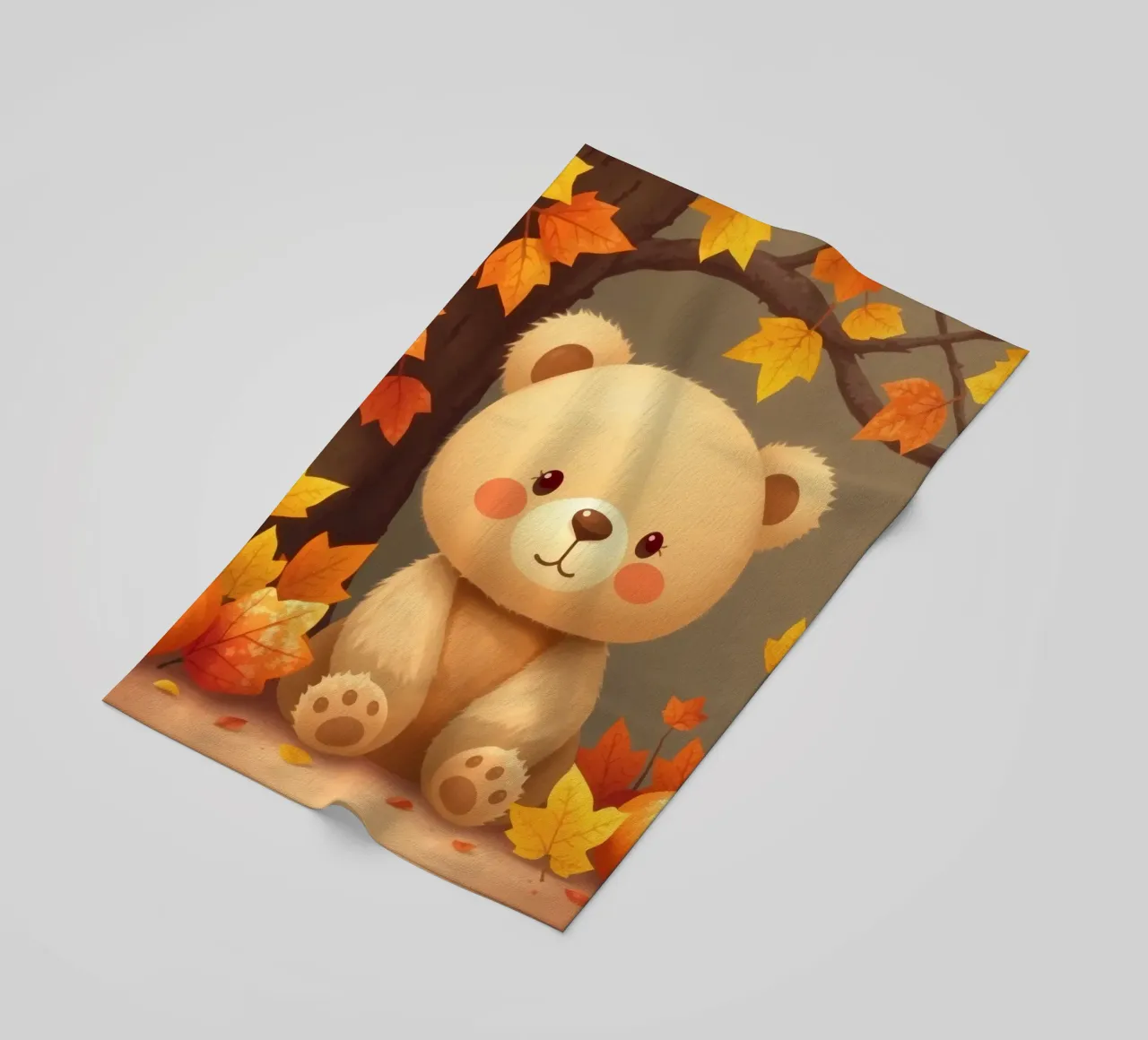 Un simpatico orso siede tra foglie e zucche colorate d'autunno telo mare da DesignDoodle