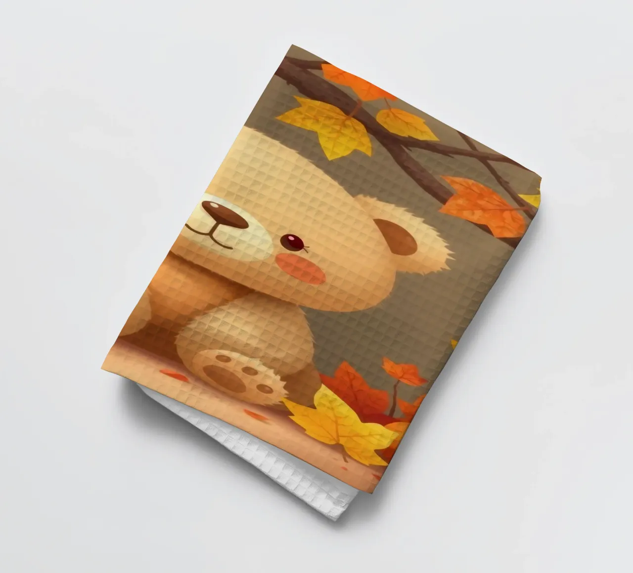Un simpatico orso siede tra foglie e zucche colorate d'autunno canovaccio da cucina da DesignDoodle