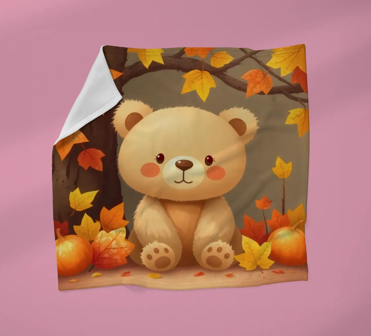 Un simpatico orso siede tra foglie e zucche colorate d'autunno coperta in pile da DesignDoodle