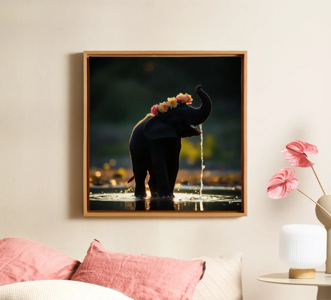 Elephant adorned with flowers enjoys water play at sunset canvas with Floater frame by DesignDoodle