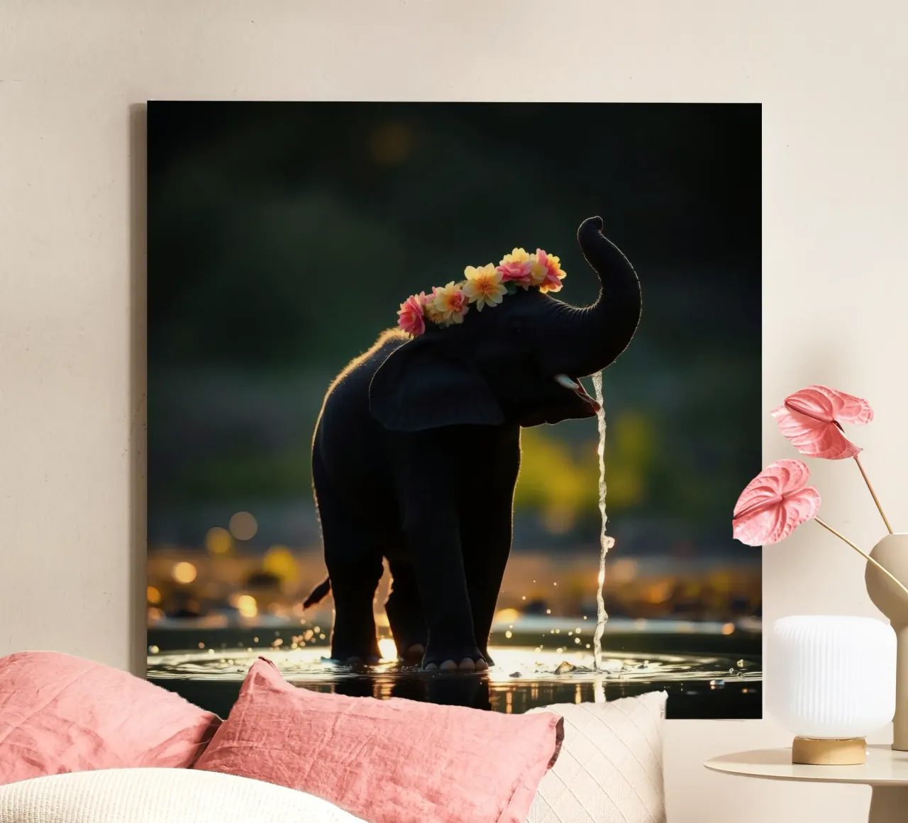 Elephant adorned with flowers enjoys water play at sunset canvas with Floater frame by DesignDoodle