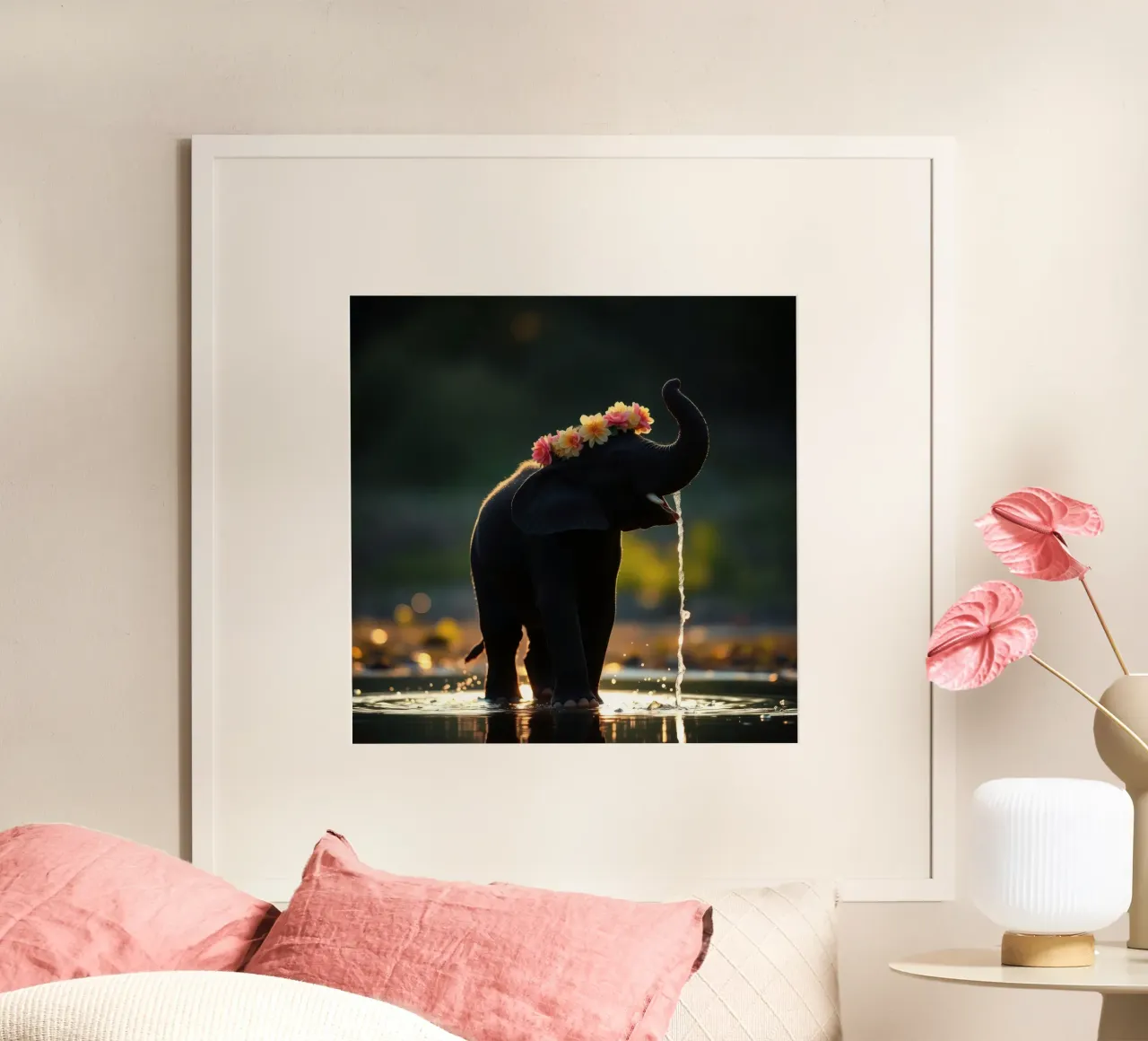 Un elefante adornato di fiori si diverte a giocare con l'acqua al tramonto poster con telaio in plastica da DesignDoodle