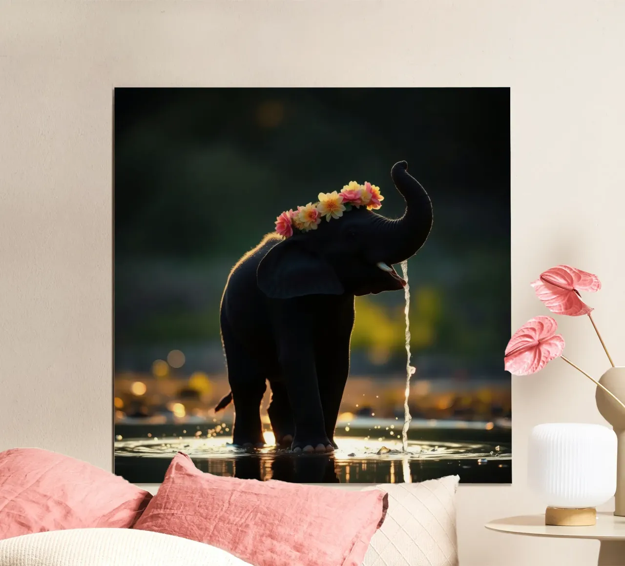 Un elefante adornato di fiori si diverte a giocare con l'acqua al tramonto poster con telaio in plastica da DesignDoodle