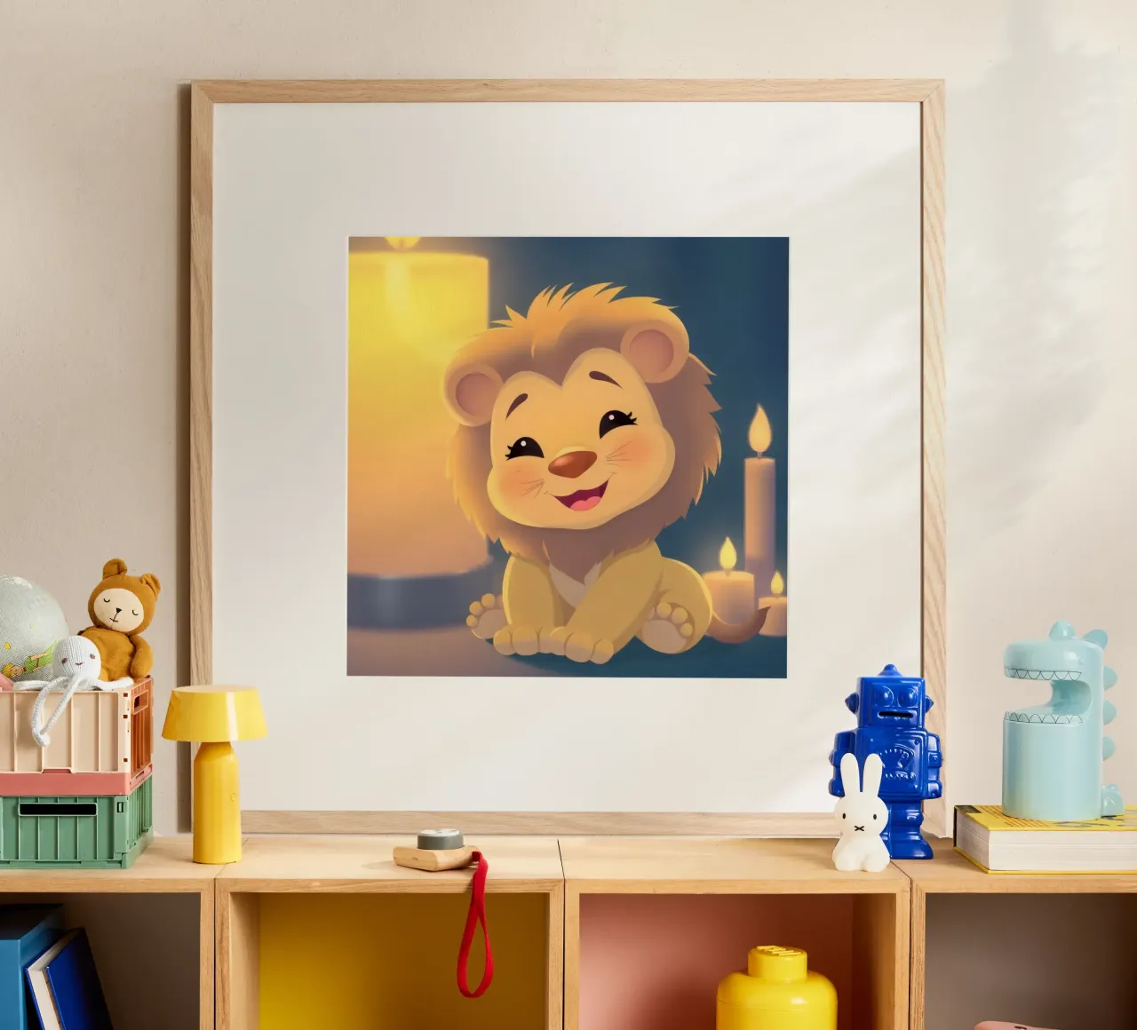 Cute animierte Löwenbaby sitzt in der Nähe glühenden Kerzen Nacht Poster mit Aluminium Rahmen von DesignDoodle
