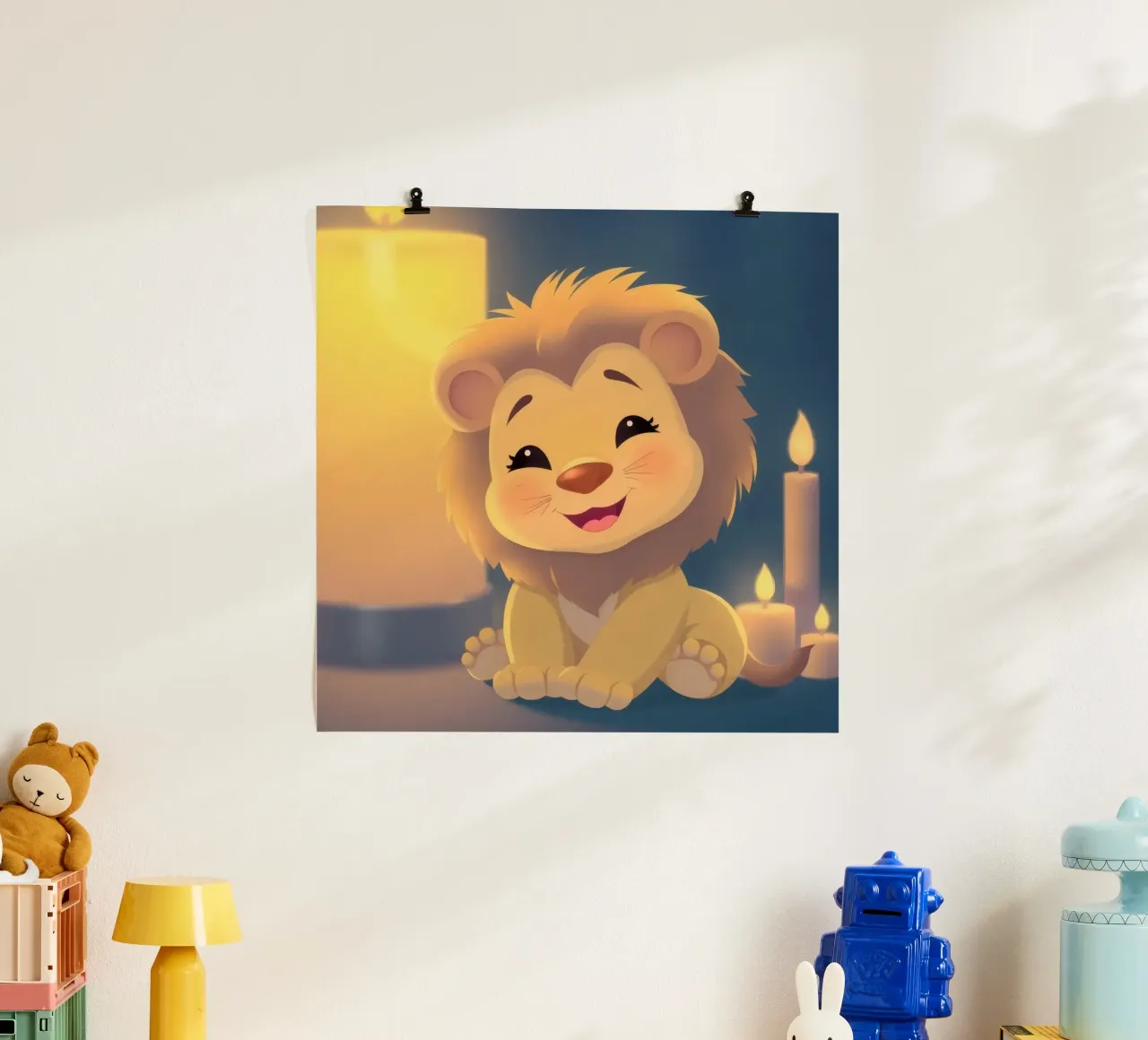 Cute animierte Löwenbaby sitzt in der Nähe glühenden Kerzen Nacht Poster mit Aluminium Rahmen von DesignDoodle