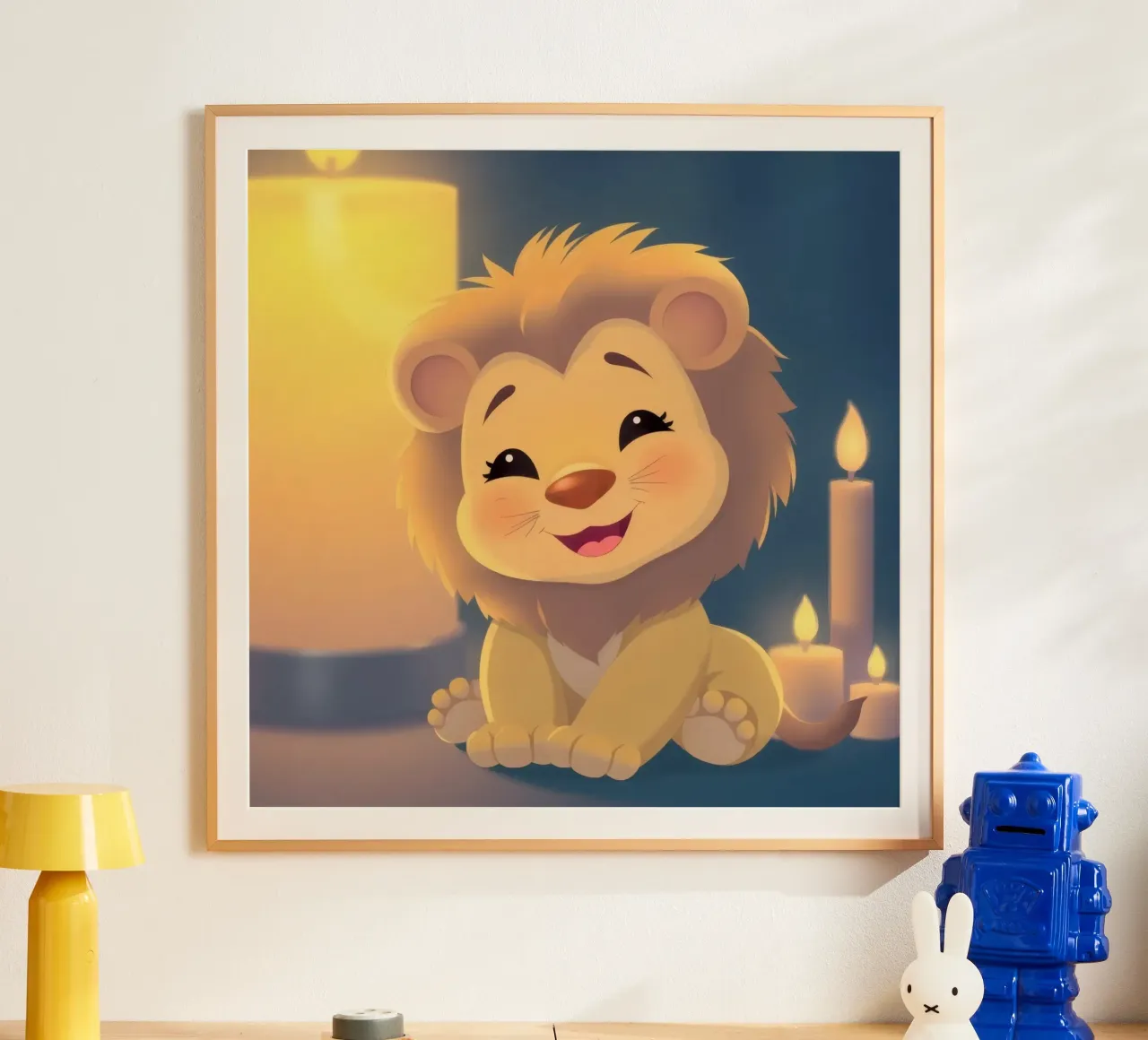 Cute animierte Löwenbaby sitzt in der Nähe glühenden Kerzen Nacht Poster mit Aluminium Rahmen von DesignDoodle