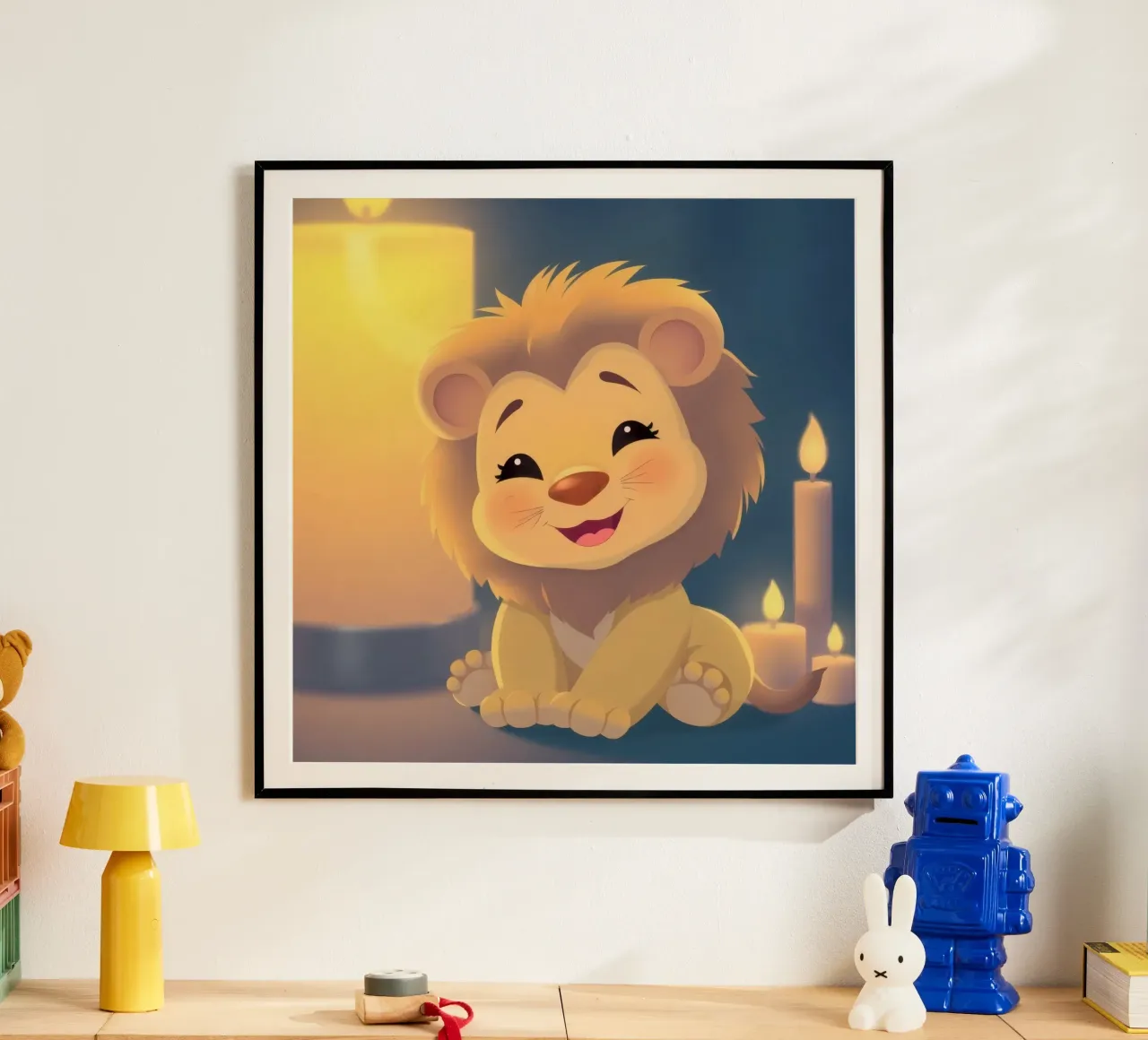 Cute animierte Löwenbaby sitzt in der Nähe glühenden Kerzen Nacht Poster mit Aluminium Rahmen von DesignDoodle
