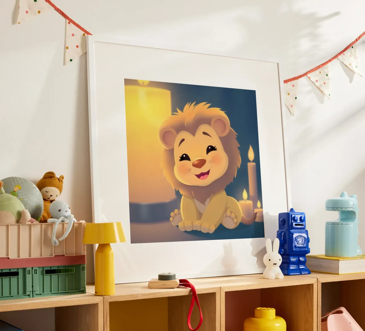 Cute animierte Löwenbaby sitzt in der Nähe glühenden Kerzen Nacht Poster mit Aluminium Rahmen von DesignDoodle