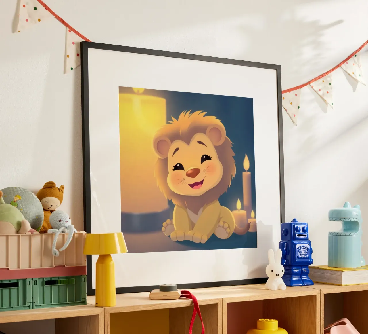 Cute animierte Löwenbaby sitzt in der Nähe glühenden Kerzen Nacht Poster mit Aluminium Rahmen von DesignDoodle