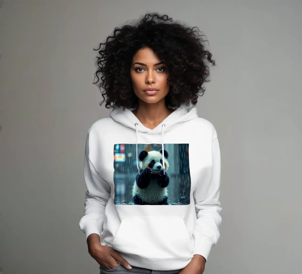 Un simpatico panda si gode la pioggia in piedi in una pozzanghera felpa con cappuccio da DesignDoodle