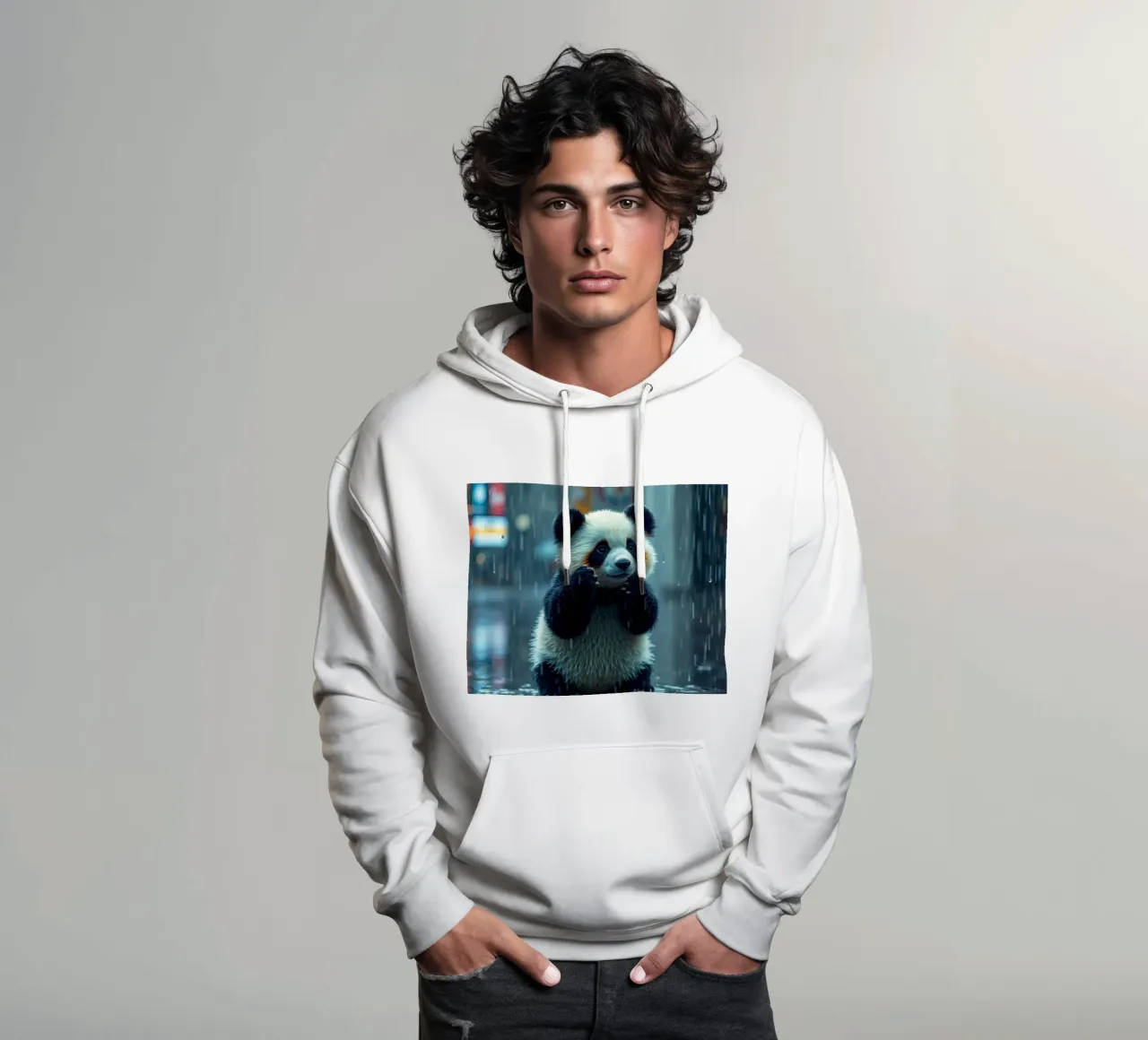 Un simpatico panda si gode la pioggia in piedi in una pozzanghera felpa con cappuccio da DesignDoodle