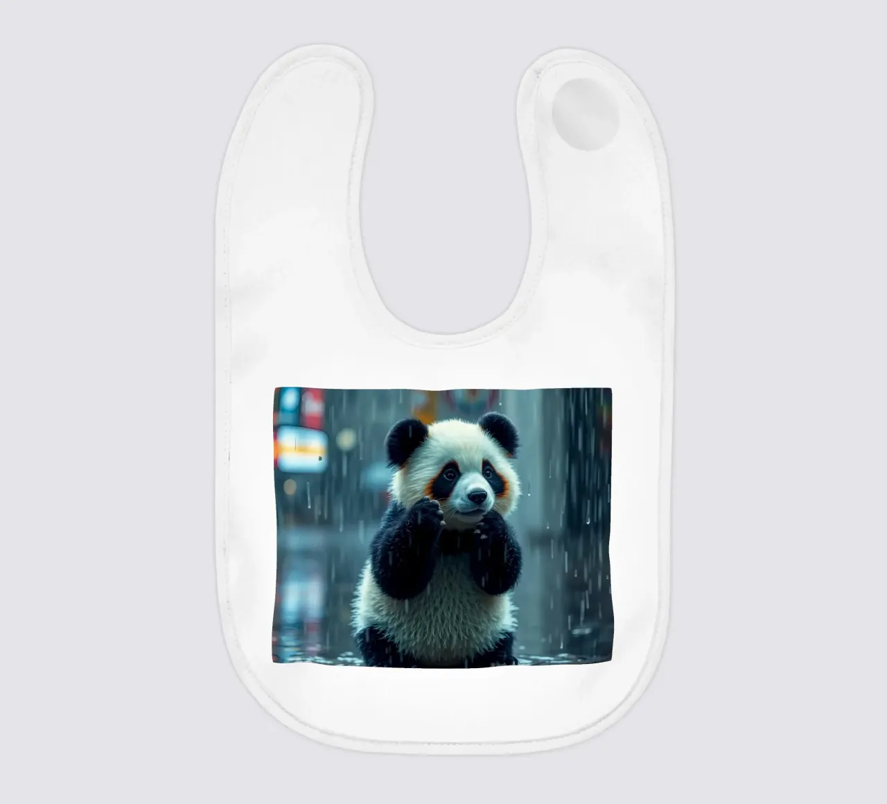Un simpatico panda si gode la pioggia in piedi in una pozzanghera bavaglino da DesignDoodle