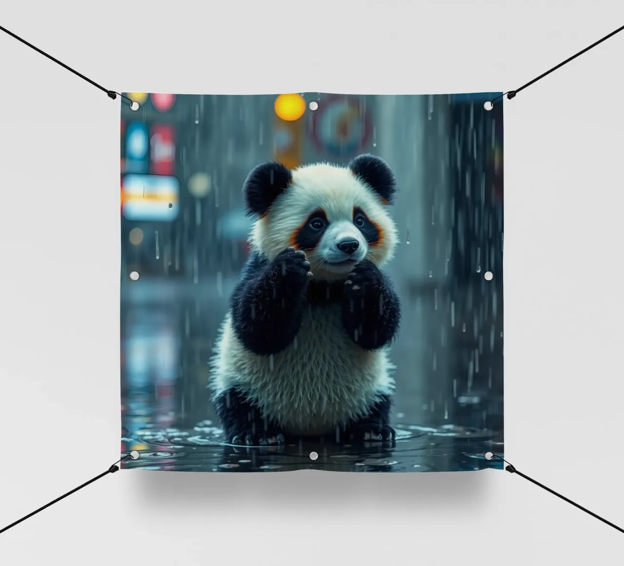 Un simpatico panda si gode la pioggia in piedi in una pozzanghera telo in pvc da DesignDoodle