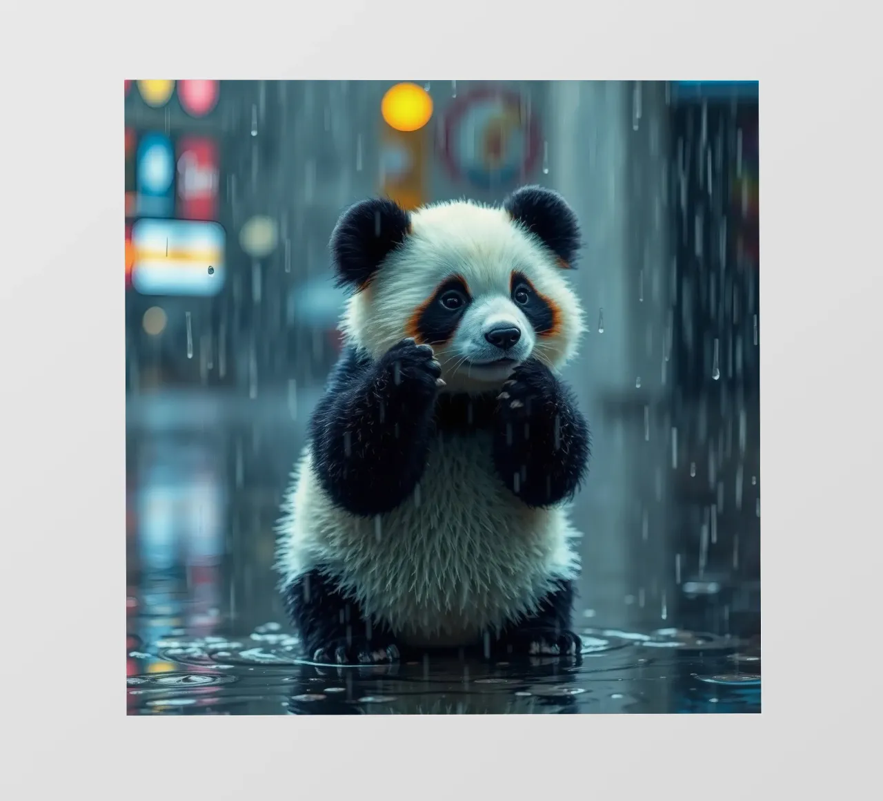 Un simpatico panda si gode la pioggia in piedi in una pozzanghera telo in pvc da DesignDoodle