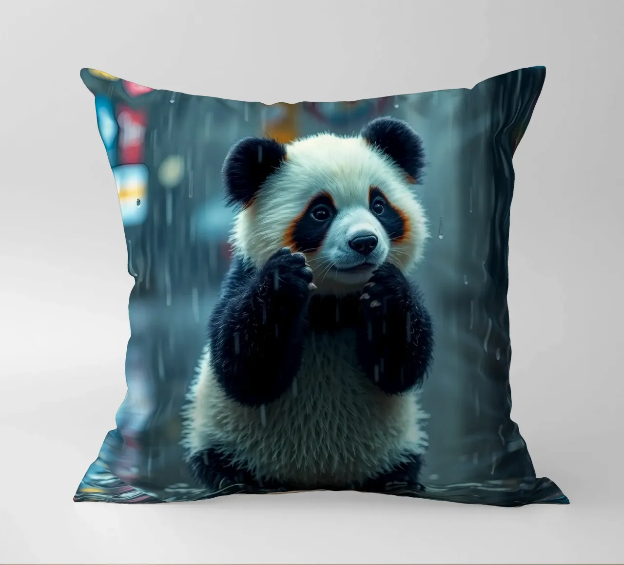 Un simpatico panda si gode la pioggia in piedi in una pozzanghera cuscino da DesignDoodle