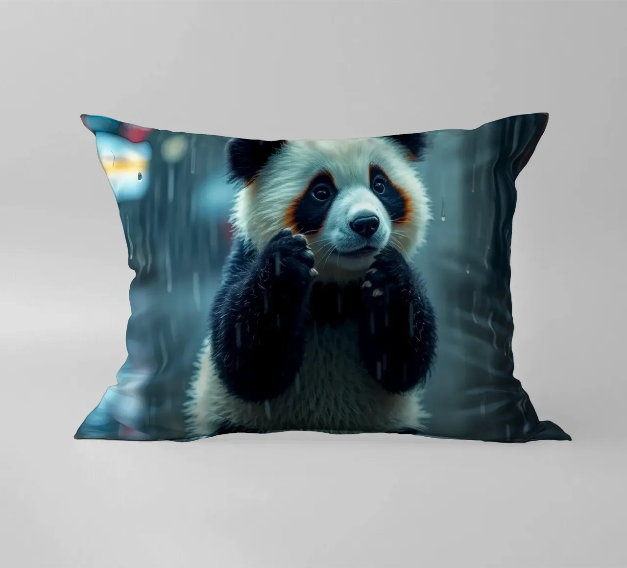 Un simpatico panda si gode la pioggia in piedi in una pozzanghera cuscino da DesignDoodle