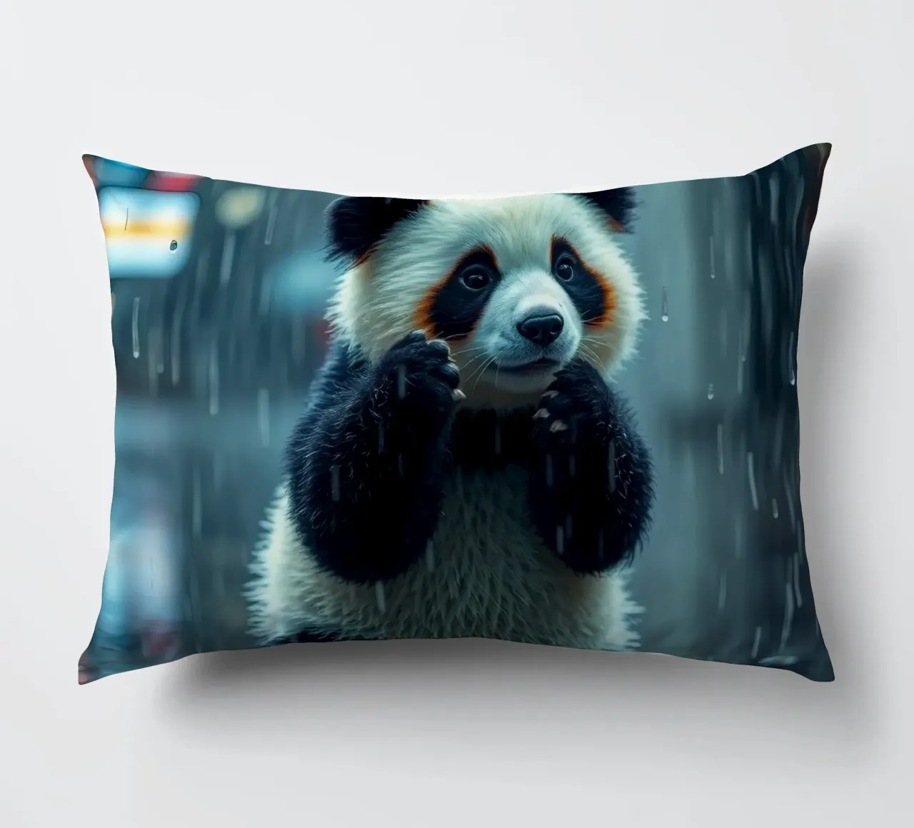 Un simpatico panda si gode la pioggia in piedi in una pozzanghera cuscino da DesignDoodle