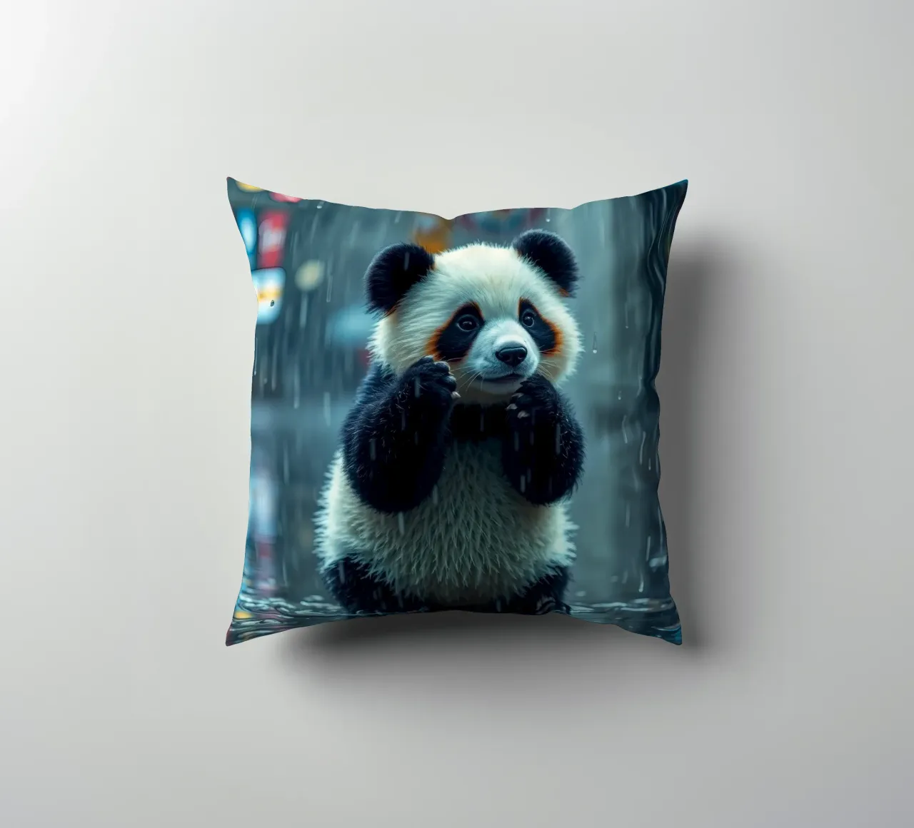 Un simpatico panda si gode la pioggia in piedi in una pozzanghera cuscino da DesignDoodle