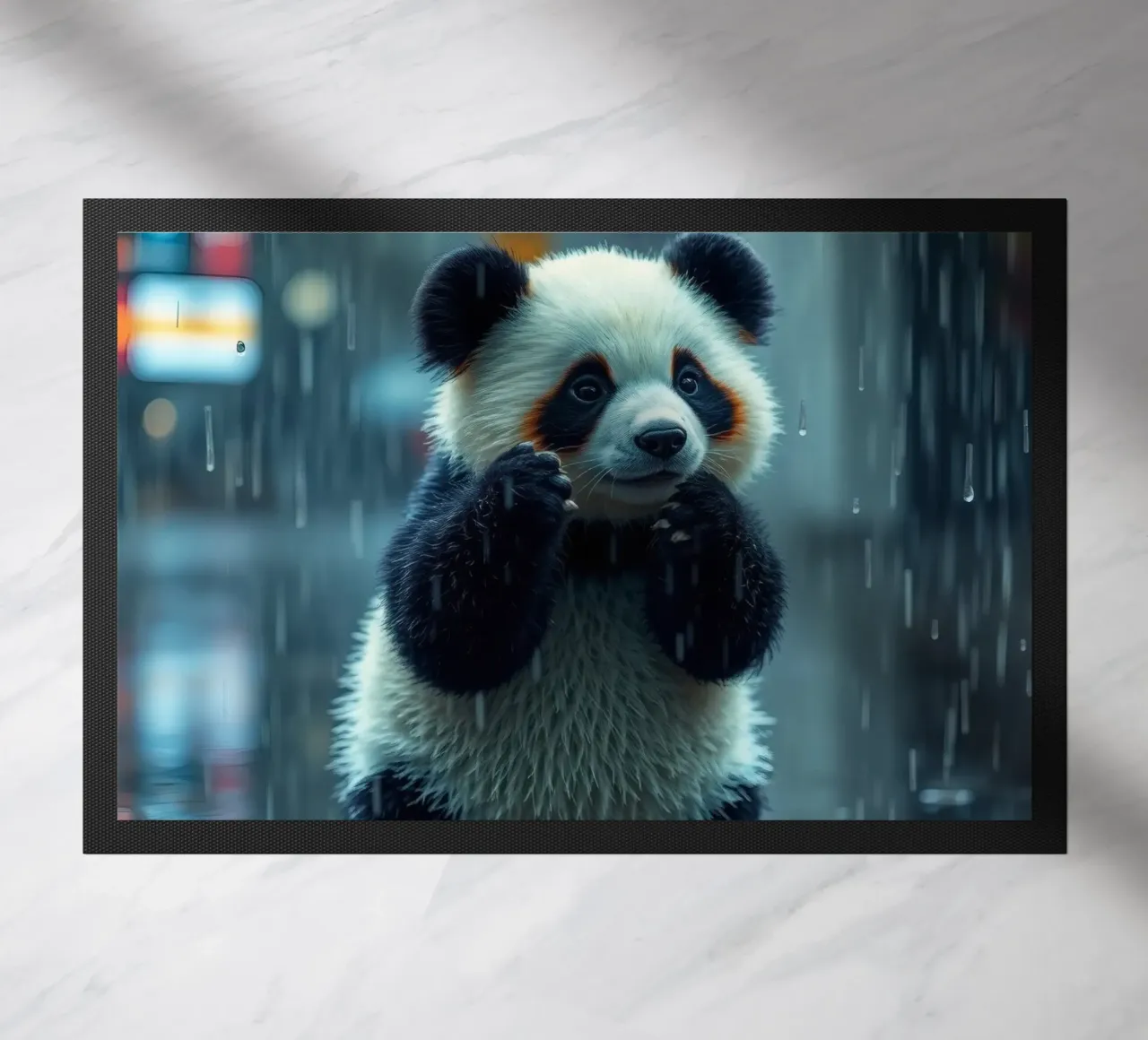 Un simpatico panda si gode la pioggia in piedi in una pozzanghera zerbino da DesignDoodle