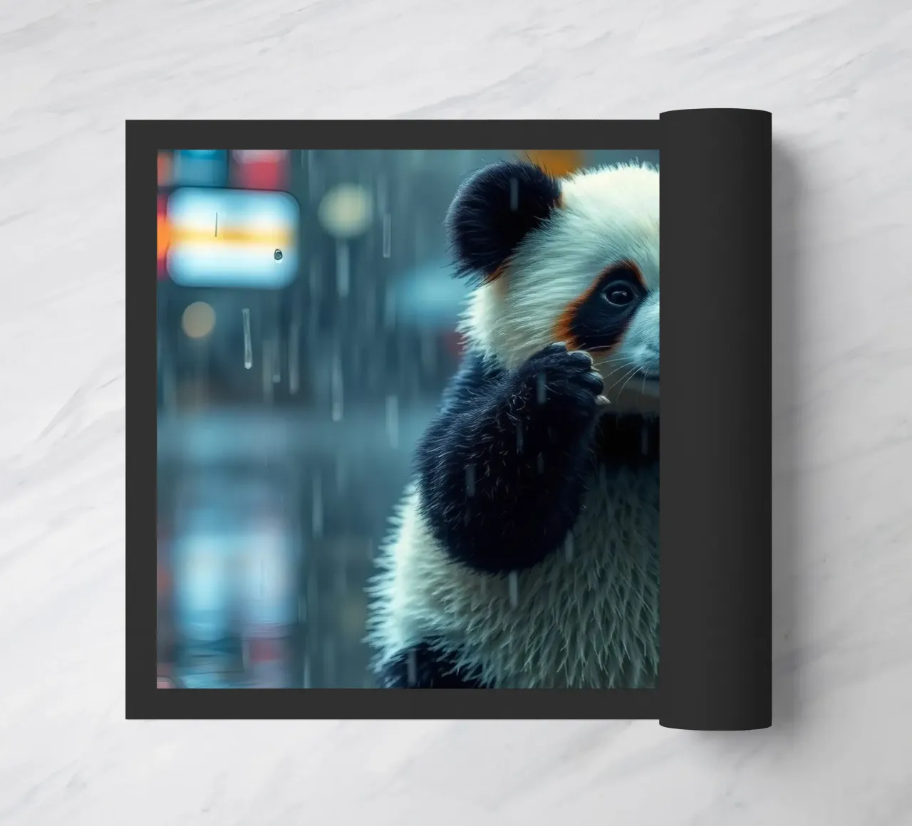 Un simpatico panda si gode la pioggia in piedi in una pozzanghera zerbino da DesignDoodle