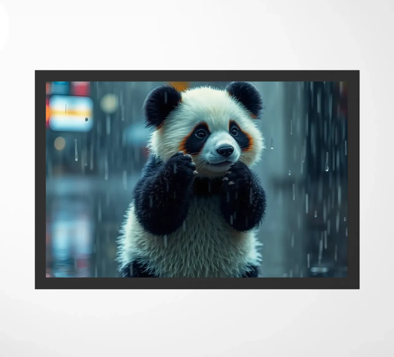 Un simpatico panda si gode la pioggia in piedi in una pozzanghera zerbino da DesignDoodle