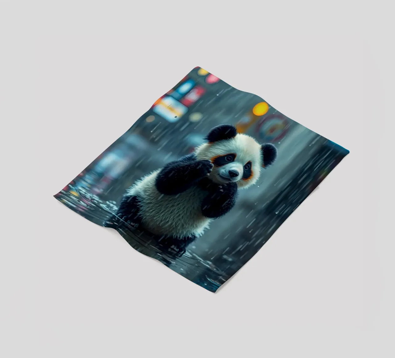 Un simpatico panda si gode la pioggia in piedi in una pozzanghera coperta in pile da DesignDoodle
