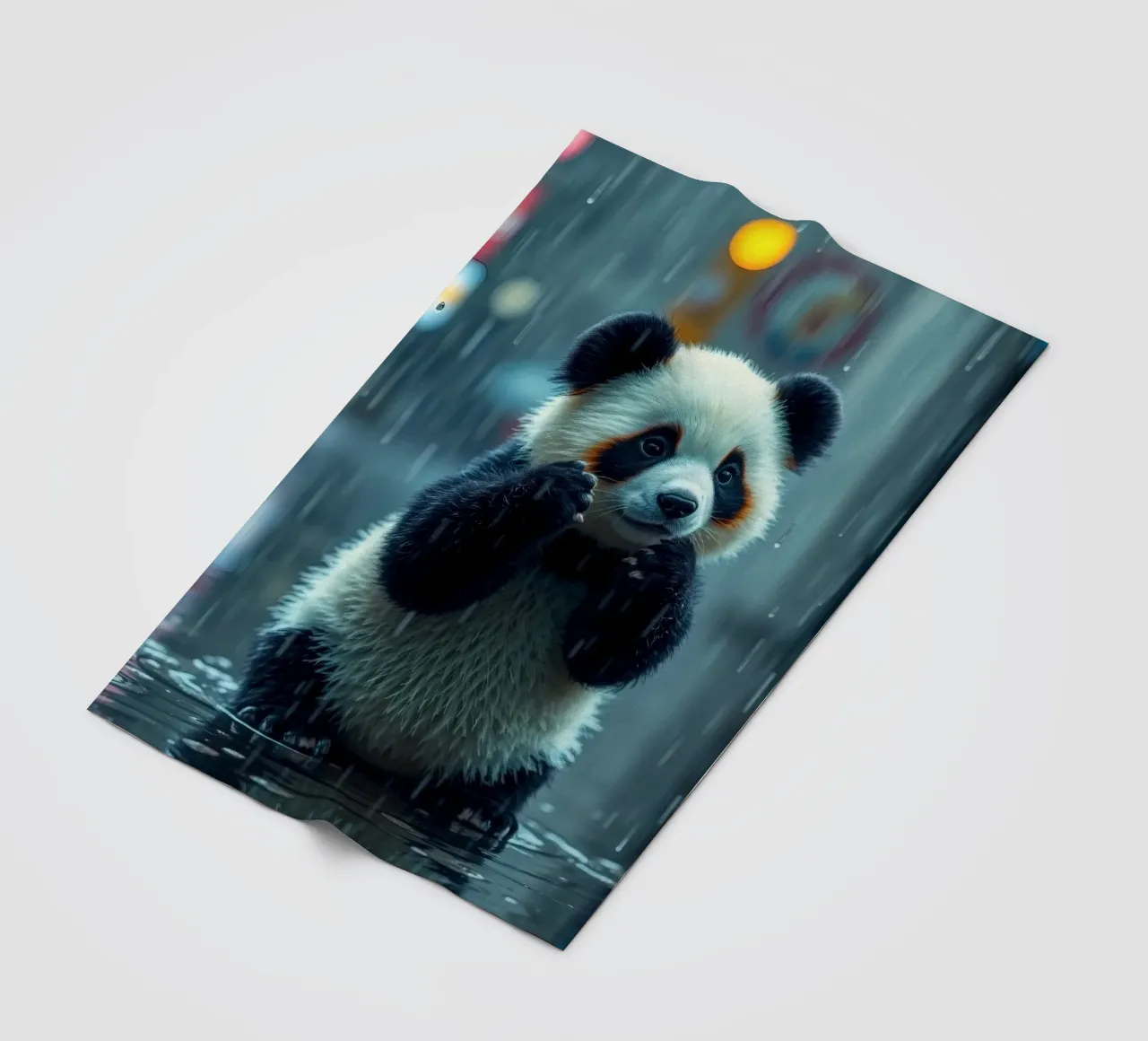 Un simpatico panda si gode la pioggia in piedi in una pozzanghera coperta in pile da DesignDoodle