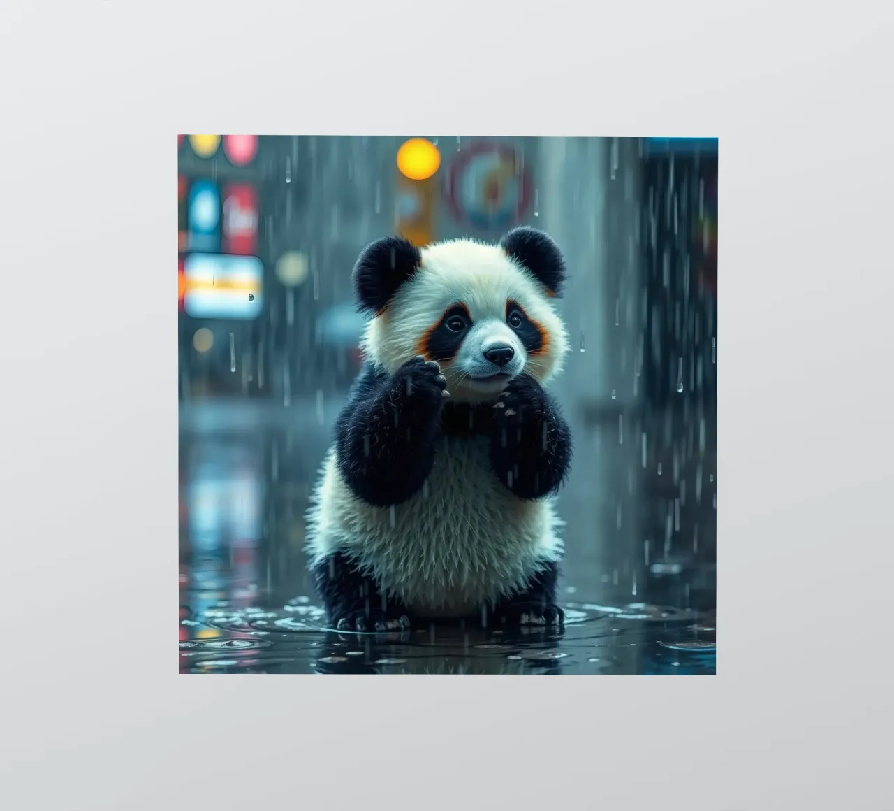 Un simpatico panda si gode la pioggia in piedi in una pozzanghera adesivo da DesignDoodle