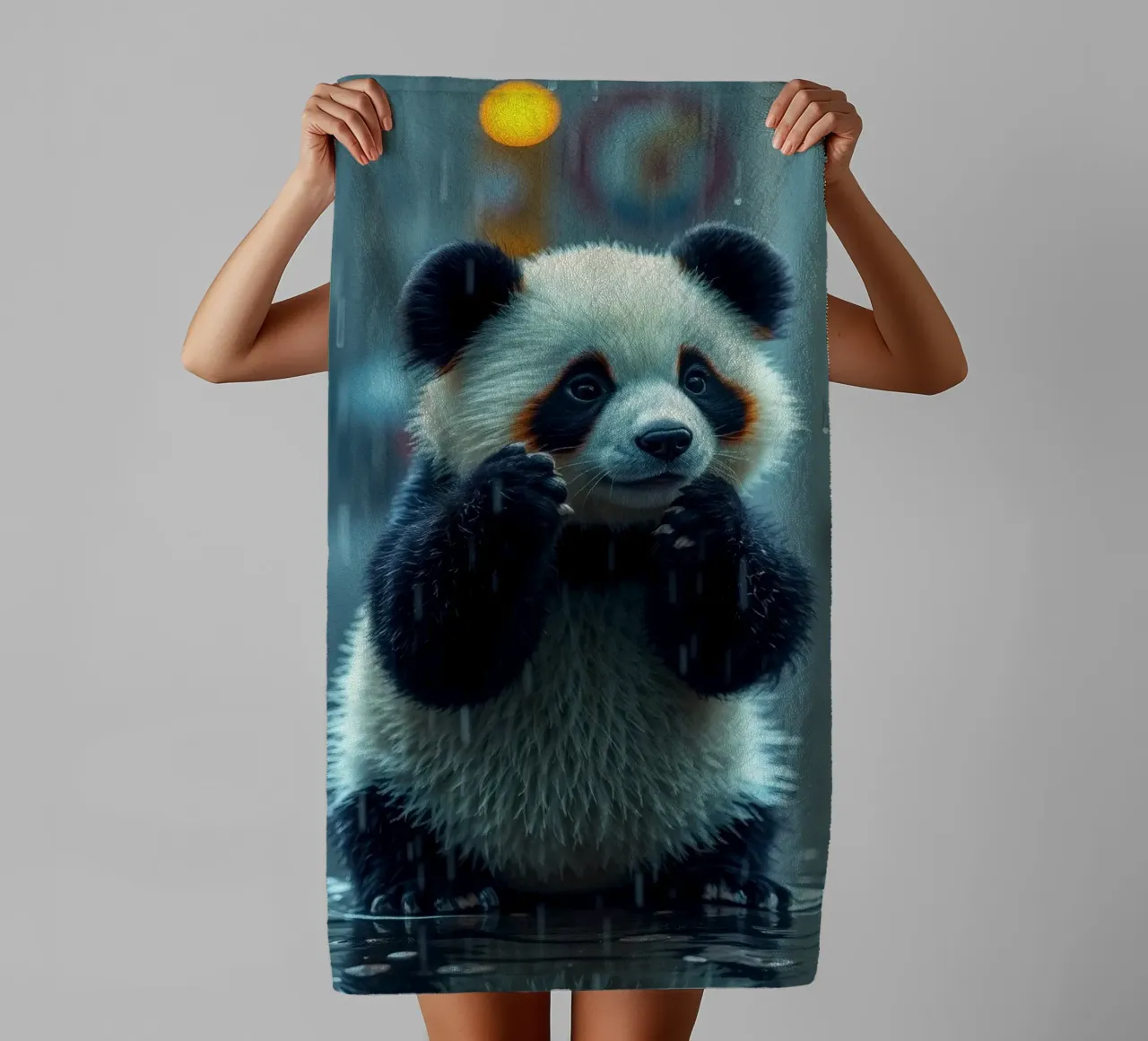Un simpatico panda si gode la pioggia in piedi in una pozzanghera asciugamano da bagno da DesignDoodle