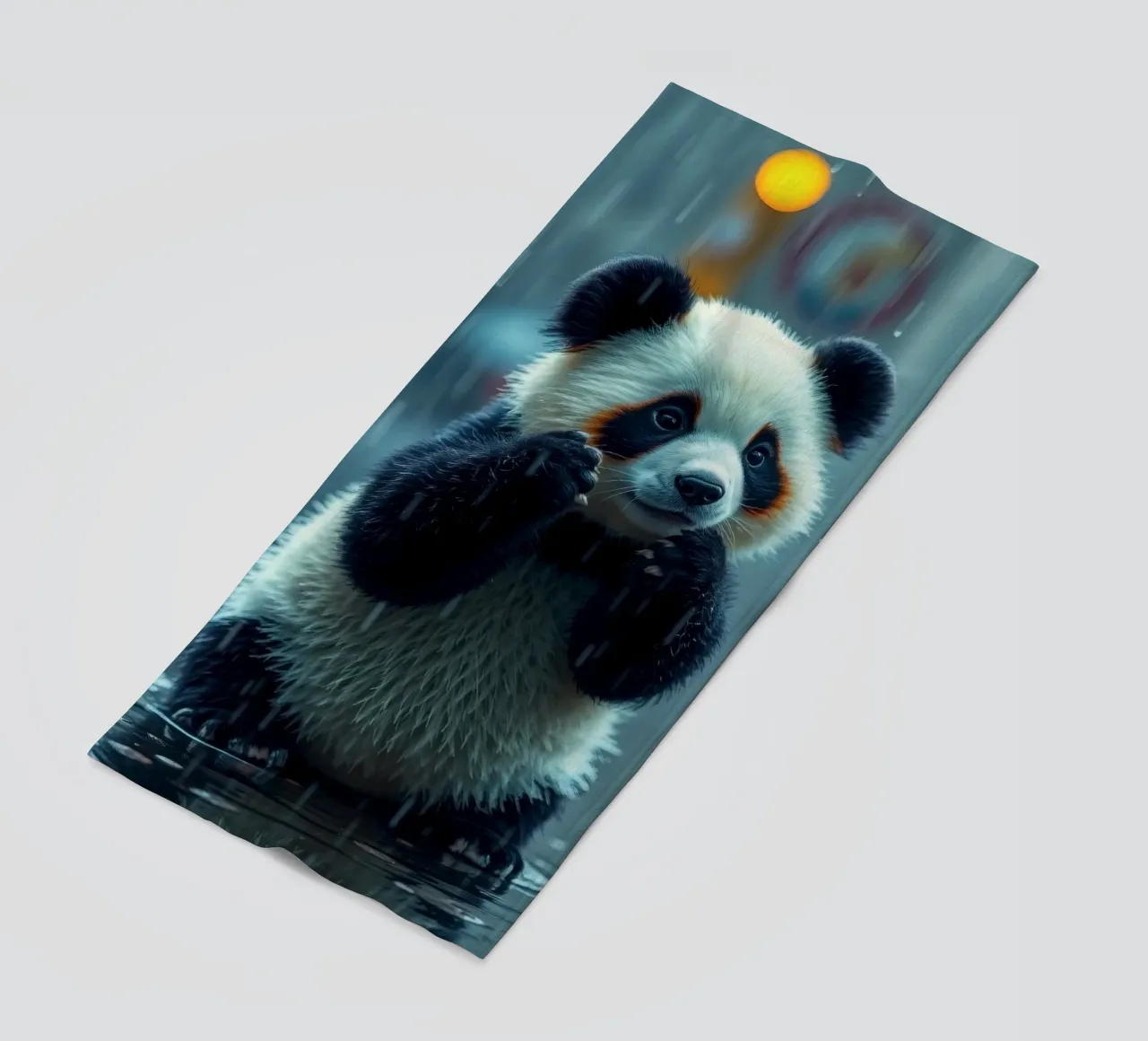 Un simpatico panda si gode la pioggia in piedi in una pozzanghera telo mare da DesignDoodle