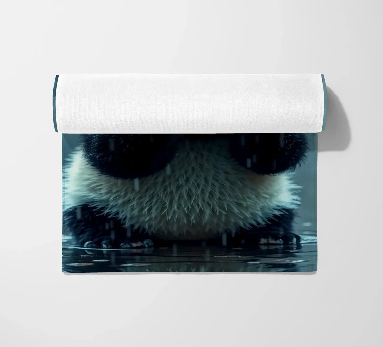 Un simpatico panda si gode la pioggia in piedi in una pozzanghera telo mare da DesignDoodle