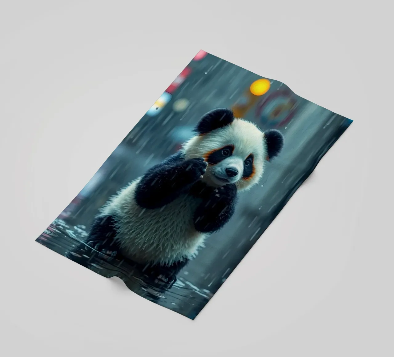 Un simpatico panda si gode la pioggia in piedi in una pozzanghera telo mare da DesignDoodle