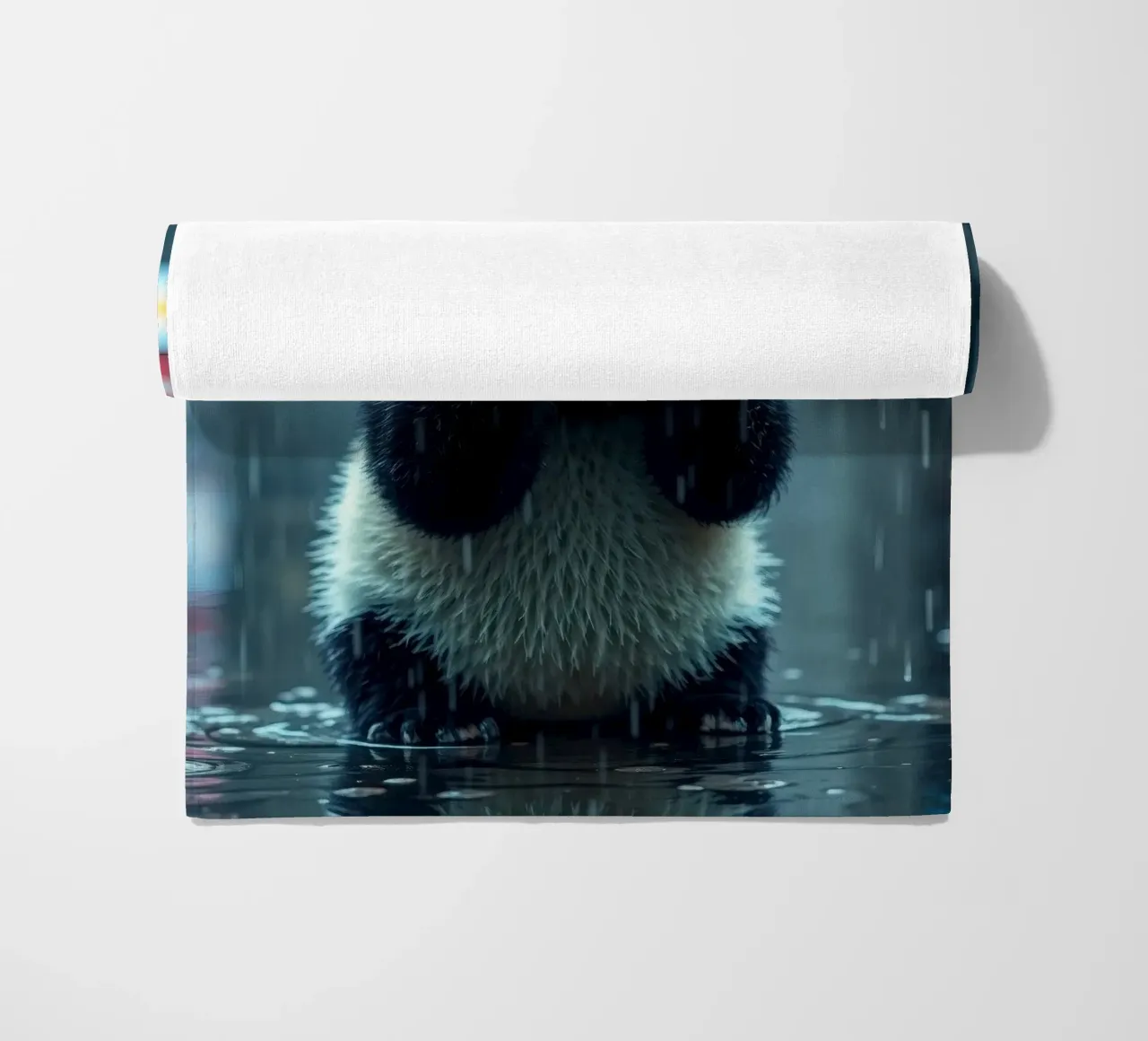 Un simpatico panda si gode la pioggia in piedi in una pozzanghera telo mare da DesignDoodle
