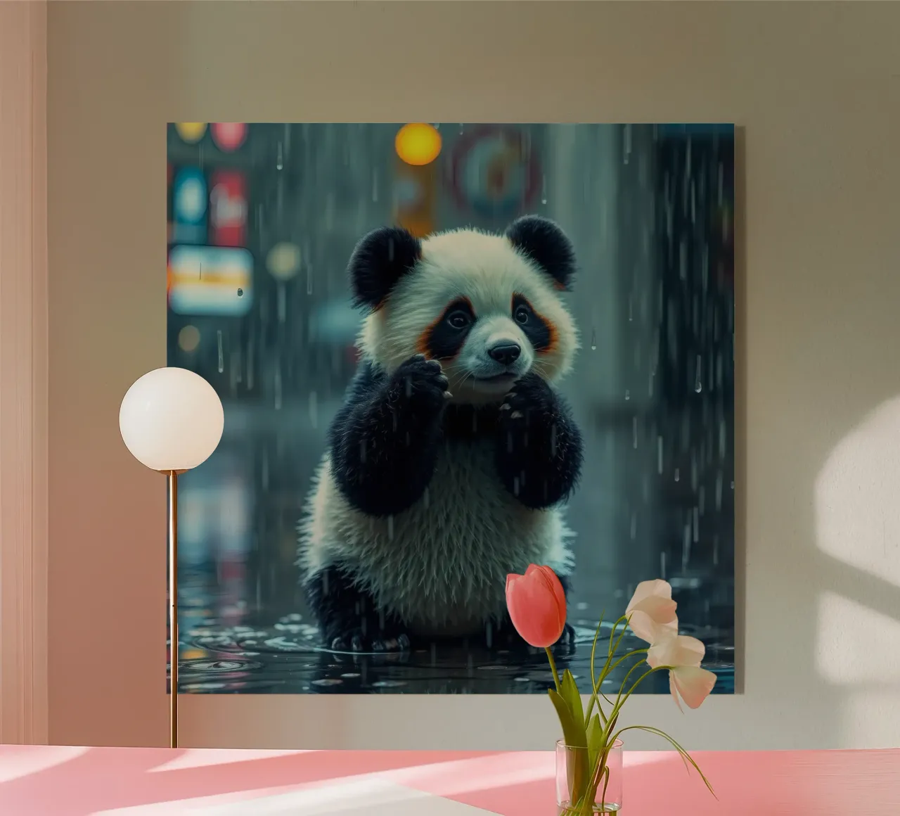 Un simpatico panda si gode la pioggia in piedi in una pozzanghera plexiglass da DesignDoodle