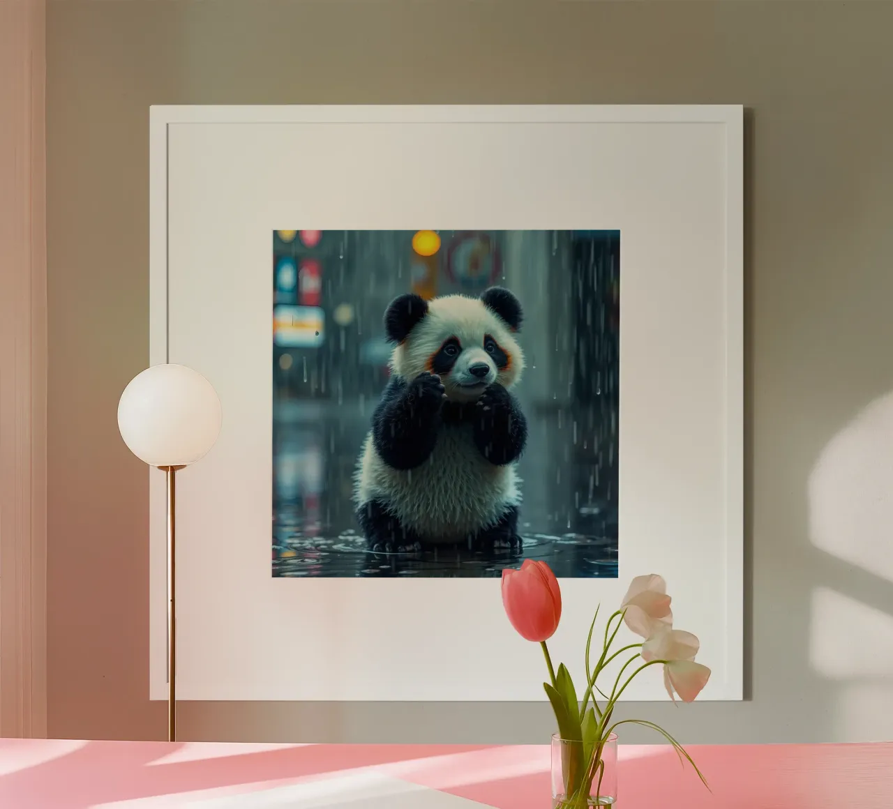 Un simpatico panda si gode la pioggia in piedi in una pozzanghera poster con telaio in plastica da DesignDoodle