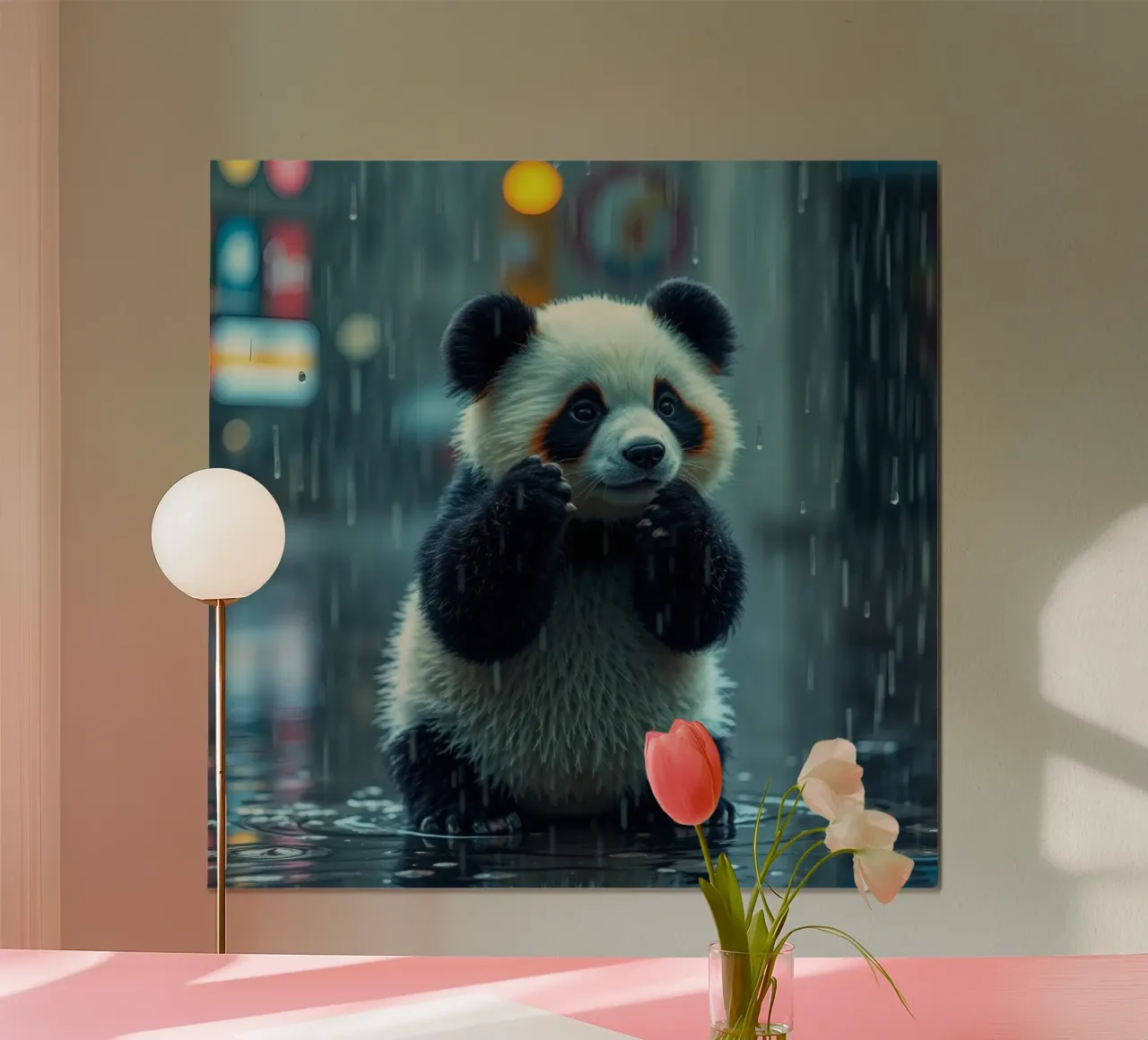 Un simpatico panda si gode la pioggia in piedi in una pozzanghera poster con telaio in plastica da DesignDoodle