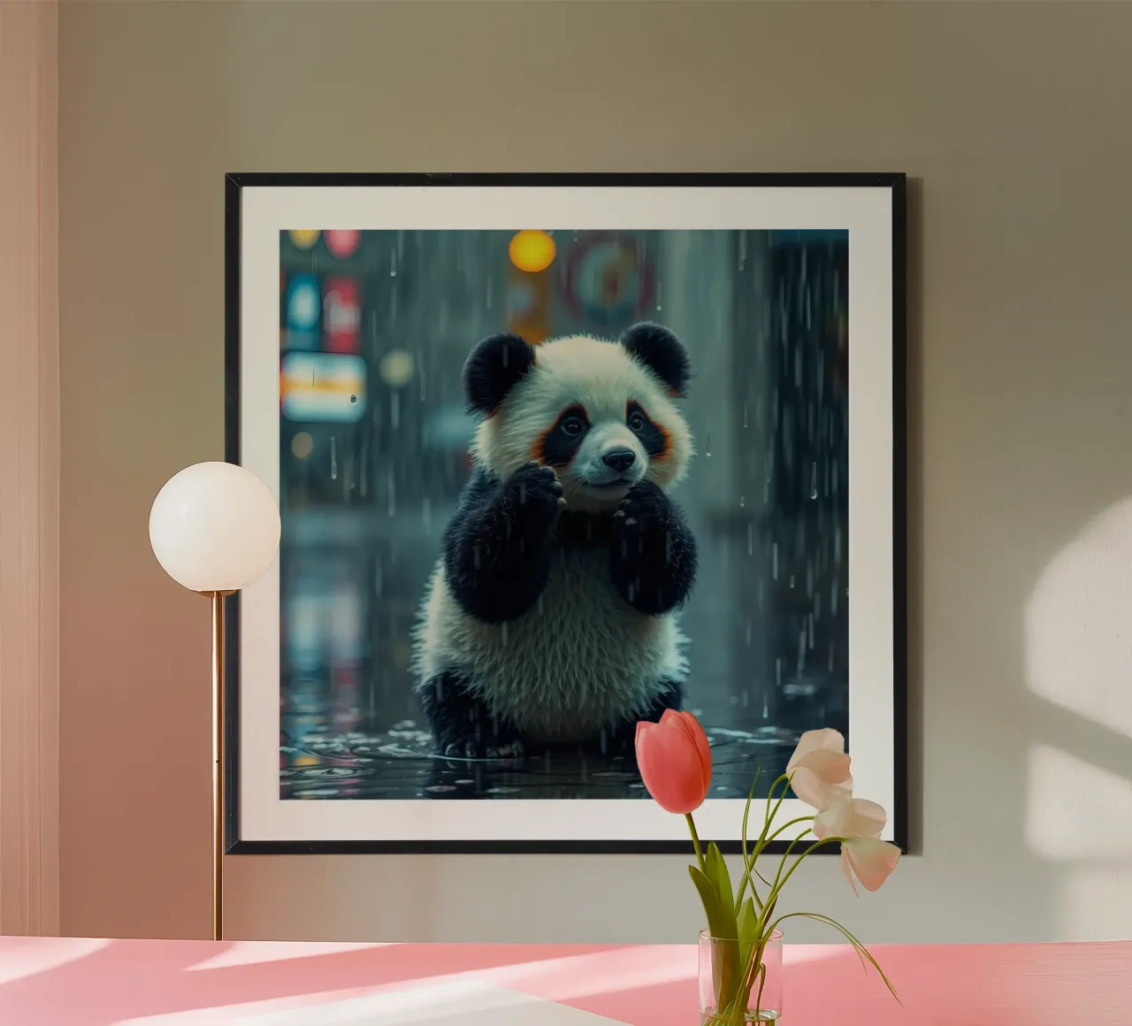 Un simpatico panda si gode la pioggia in piedi in una pozzanghera poster con telaio in plastica da DesignDoodle