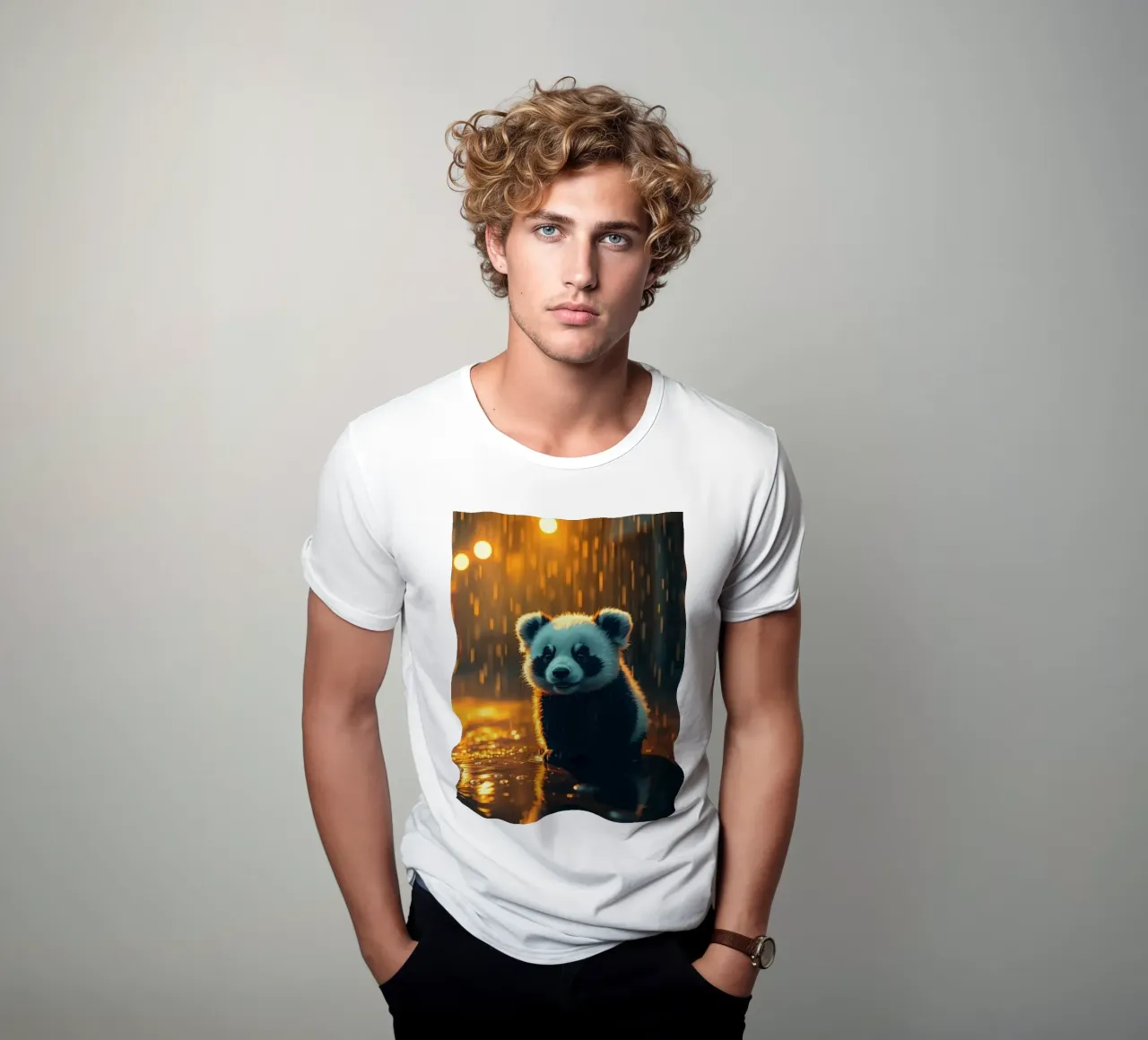 Un tenero cucciolo di panda siede sotto la pioggia al crepuscolo t-shirt da DesignDoodle