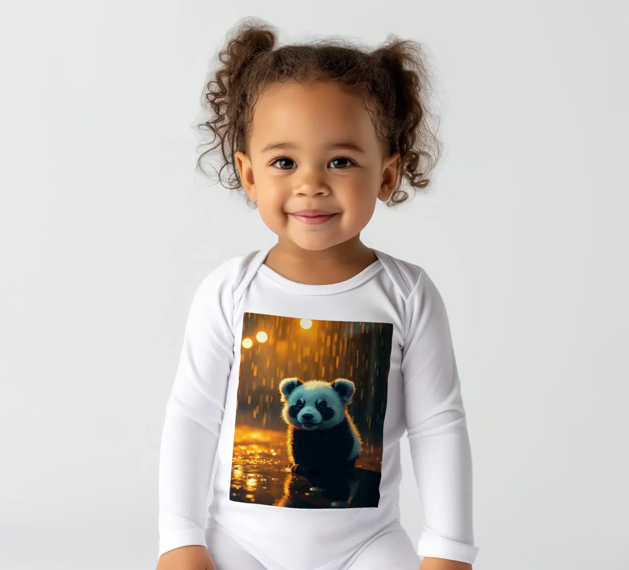 Cute panda cub sits in the rain at twilight long-sleeve baby romper by DesignDoodle