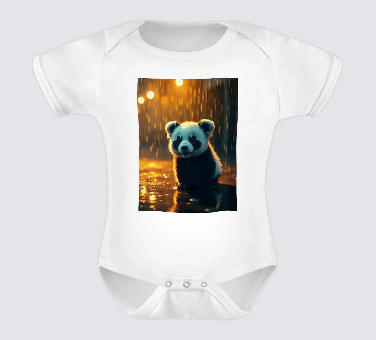 Un tenero cucciolo di panda siede sotto la pioggia al crepuscolo body neonato maniche corte da DesignDoodle